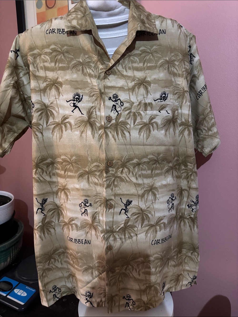 Caribbean Beige and Olive Palm-Print Short Sleeve Button-Down Shirt Size Small